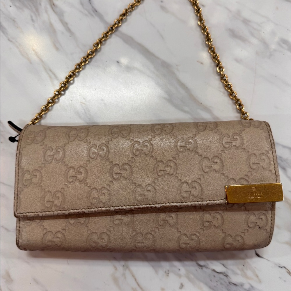 Gucci Taupe Monogram Chain Clutch with Gold Hardware